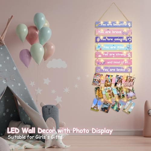 Homecor Pink Hanging Photo Display Wall Decor with 8 Lighting Modes, Printed Inspirational Quotes & Unicorn Butterfly Patterns, Teen Girls Bedroom Decor, Birthday Gift for Teenage Girls - Thumbnail 4