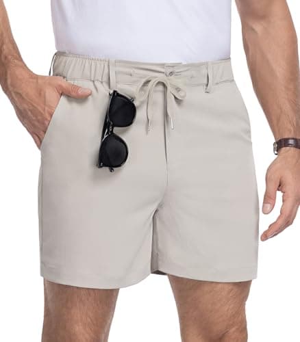 RQP Men's Classic-fit 5In Casual Shorts Elastic Waist Drawstring Shorts Lightweight Summer Beach Vacation Short,Grey Beige - Image 1