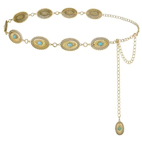 FIORETTO Turquoise Concho Chain Belt for Women, Metal Western Cowboy Cowgirl Waist Chain, Boho Country Style Belt for Dress & Jeans, Gold, Length 45inch - Image 1