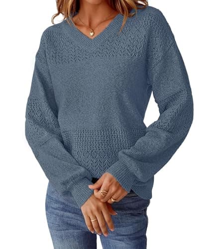 NORACORA Women's V Neck Fall Sweaters Crochet Soft Lightweight Ribbed Knit Loose Pullover Sweater Long Sleeve Tops 2025 Trendy Outfits Grey Blue - Thumbnail 3