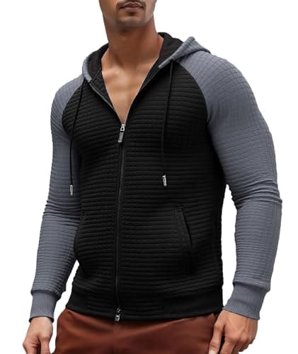Men's Waffle Knit Hood Lightweight Zip Up Hoodie Men with Pocket Sweatshirt Long Sleeve Drawstring Casual Warm Jacket - Image 1