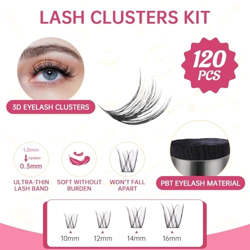 Lash Clusters Kit 8-16MM Wispy Natural Cluster Eyelash Extension Kit DIY Lash Extension Kit 120Pcs D-curly Eyelash Clusters Volume Individual Lashes Kit With Bond & Seal,Tweezers - Thumbnail 2