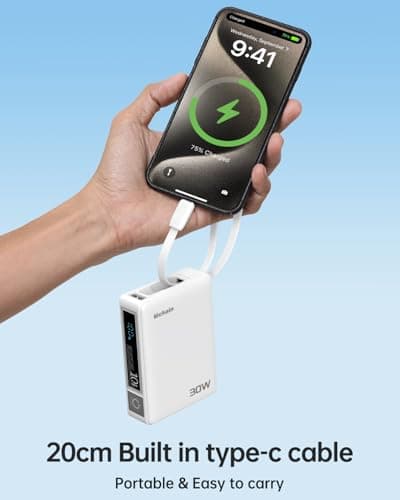 Hichain Power Bank with Built in Cable, Fast Charging 10000mAh Powerbank Portable Charger Battery Pack, Cell Phone Portable Power Banks for iPhone 17 16 Galaxy Android - White - Thumbnail 3