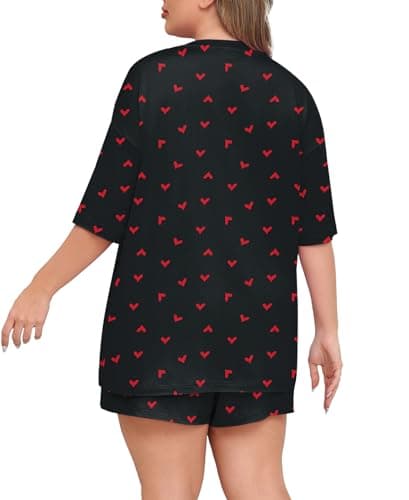 Lastshe Pajamas Set Women's Plus Size 2 Piece Soft Short Sleeve with Pockets Shorts Sleepwear Knit Pjs Loungewear Summer,Black Red Heart,2X - Thumbnail 4