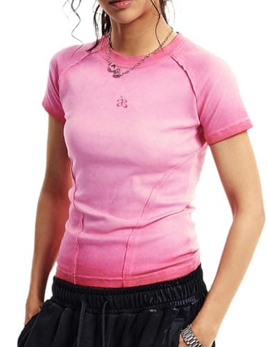 Aelfric Eden Womens Basic T Shirts Summer Tops 2026 Crop Short Sleeve Slim Fit Tee Gradient Color Acid Wash Gym Workout Pink - Image 1