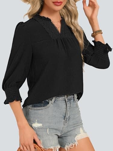 Funlingo 3/4 Length Sleeve Womens Tops Dressy Casual Flowy Blouses Boho Ruffle V Neck Lace T Shirts with Smocked Cuffs 2026 Fashion Clothing Black XL - Thumbnail 3