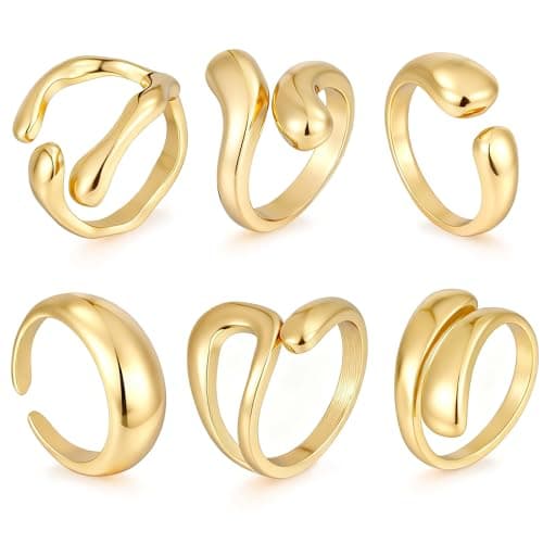 17 MILE 6 PCS 18K Gold Plated Chunky Stackable Rings for Women, Statement Open Stacking Rings, Knuckle Band Ring Set