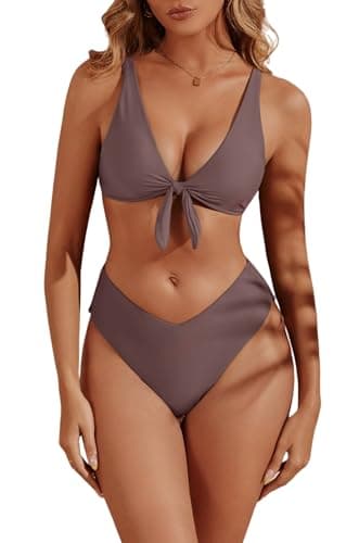 geluboao Swim Suits for Women 2026 Two Piece High Cut Bikinis Sexy V Neck Push Up Triangle High Waisted Swimsuit Coffee L - Image 1