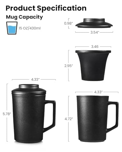 Foinly 15 oz Ceramic Tea Infuser Cup with Lid - Tea Mug with All Porcelain Strainer for Loose Leaf Teas,Microwave and Dishwasher Safe,Metal-Free,BPA-Free for Tea Lovers/Father's Day (Black) - Thumbnail 2