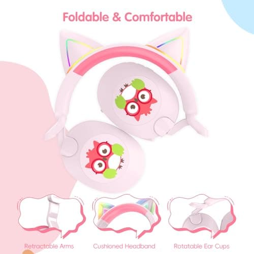 LOBKIN Kids Headphones with Microphone Bluetooth 6.0, Toddler Headphones LED Ligh Rotatable Foldable Sensitive Mic Adjustable 85/94dB Volume Limit Real-time Audio Feedback for Boys Girls Online School - Thumbnail 4
