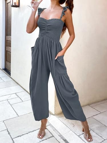 ANRABESS Women Summer Casual Dressy Sleeveless Smocked Wide Leg Linen Jumpsuits Rompers 2026 Trendy Travel Outfit Pocket Dark Gray Small - Thumbnail 5