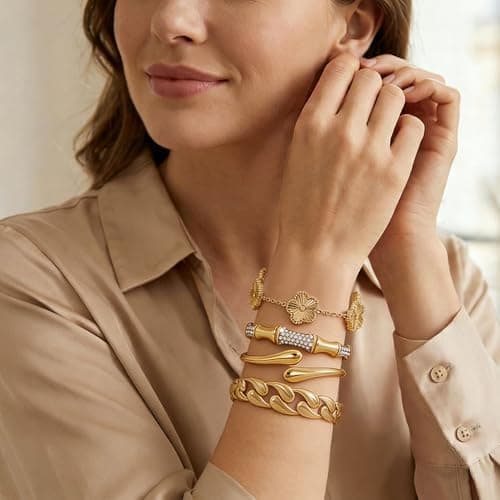 Stackable Gold Bracelets for Women - 4 Sets, 18K Gold Plated Bracelets, Stainless Steel Bangle Bracelets Non-Tarnish, Stylish Gold Jewelry Ensemble, Valentine's Day, Birthday and Christmas Jewelry Gifts - Thumbnail 4