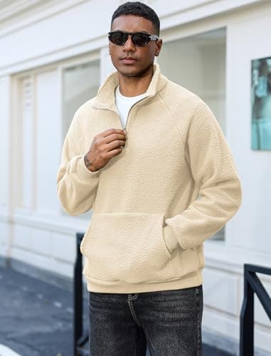 ZAFUL Men's Fluffy Polar Fleece Sweatshirt Embroidery Half Zip Unisex Hoodie Apricot M - Thumbnail 5