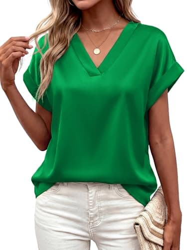 MASCOMODA Womens V Neck Silk Satin Tops Dressy Short Sleeve Work Blouses Spring Summer Loose T Shirts Business Casual Outfits(Green,Medium) - Image 1