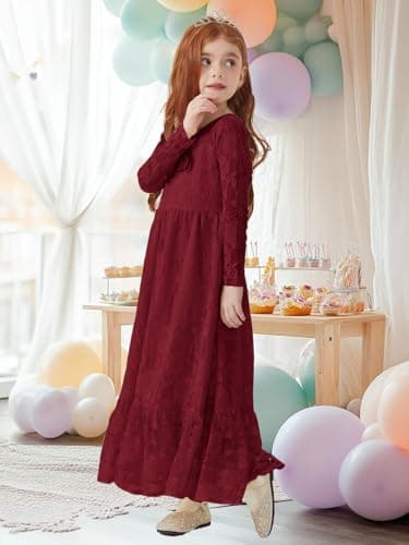 ALLOVIN Toddler & Girls Long Sleeve Lace Flower Girl Dress Maxi Boho A-Line Dress for Wedding Baptism 1st Communion | Burgundy | 6-7Y - Thumbnail 5