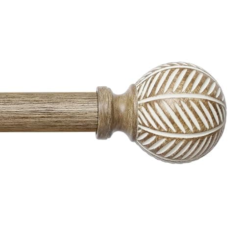 Wood Curtain Rods for Windows: 1 Inch Adjustable Heavy Duty Curtain Rod 48" to 86" with Imitation Wood Grain Leaf Pattern Finials,Boho Rustic Decorative Drapery Rods