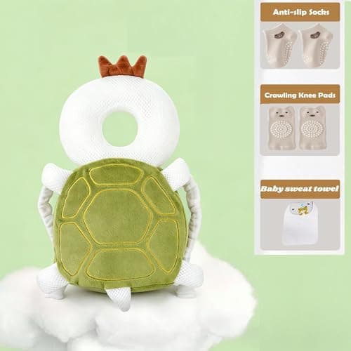 Baby Head Protector Backpack, Toddler Baby Head Protection Backpack with Baby Knee Pads Alarm Function for Walking & Crawling, Soft, Breathable and Wearing Safety Baby Head Protector- Green Turtle - Thumbnail 2