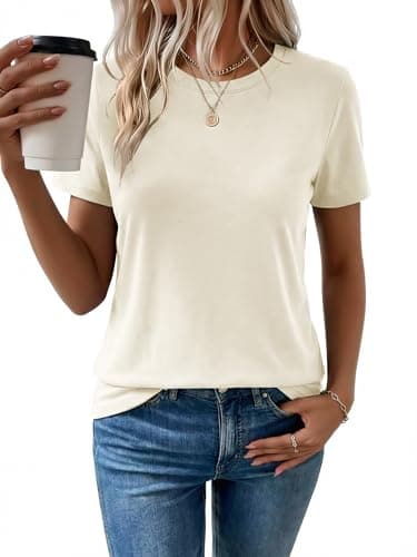 Women's T Shirt Cotton T-Shirts Short Sleeve Crewneck Basic Solid Color Tee Loose Fit Tshirts Breathable Comfy Summer Tops for Women 2026 Cream Yellow - Image 1