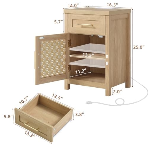 YUFAM Small Rattan Nightstand - Boho Night Stand with Type-C Charging Station for Bedroom, Modern Nightstands w/Drawer for Small Space, Wood Bedside Table w/Adjustable Storage Shelf, Natural Oak - Thumbnail 2