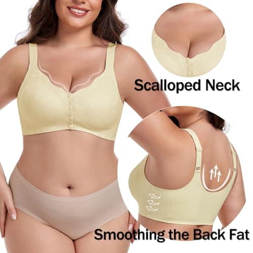 IWOLLENCE Women's Front Closure Bras No Underwire Seamless Wireless Lace Bralettes Seniors Full Coverage Anti Saggy Breast Tshirt Everyday Daisy Bra Beige, L - Thumbnail 4
