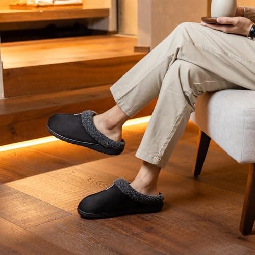 GOEWY House Slippers for Men with Memory Foam Indoor Outdoor Moccasin House Shoes Warm Slip On with Non-Slip Sole Gifts For Men Him Dad Black 9 10 - Thumbnail 2