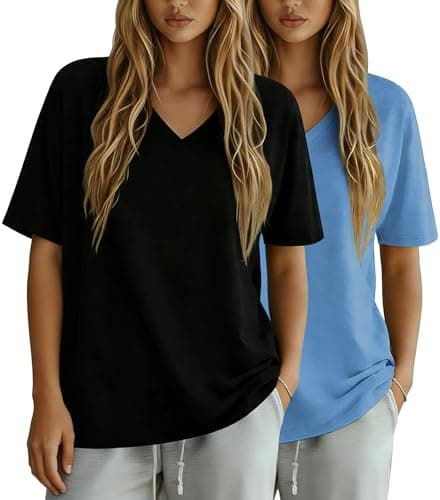 OPCAKM Oversized Workout Tops for Women 2 Pack V Neck Casual T Shirts Summer Short Sleeve Loose Basic Tees(Blueblack-S) - Image 1
