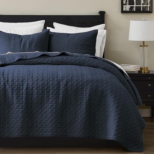 palassio Navy Blue 100% Cotton Quilt King Size Bedding Sets with 2 Pillow Shams, Textured Lightweight Soft Bedspread Shabby Chic Coverlet, Quilted Comforter Bed Cover for All Season, 3 Pieces - Image 1