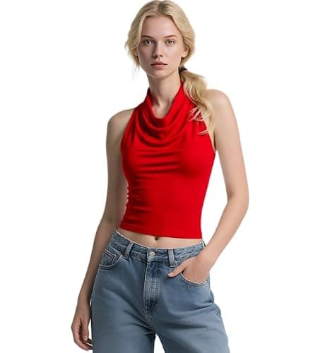 Women Halter Tank Tops Backless Sexy Cowl Neck Summer Going Out Y2K Tops Sleeveless Double Line Camisole Top Shirts(Red,X-Small)