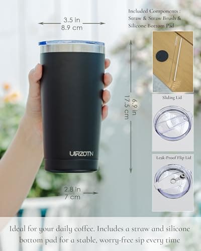 UIRZOTN Travel Coffee Tumbler 20oz, Leakproof Travel Coffee Mug with Dual Lids and Straw, Stainless Steel Double Wall Vacuum Insulated Tumbler for Hot/Iced Drinks (Black, Textured Matte) - Thumbnail 2