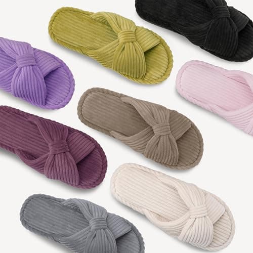 IPSAE House Slippers for Woman Memory Foam Open Toe Slippers Corduroy Cross Bow Womens Slipper Slides Comfy Indoor Bedroom Slip On Shoes - Thumbnail 6