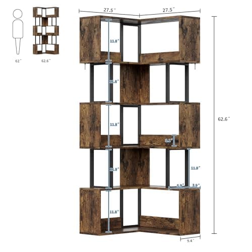Doppeltcharms L-Shaped Corner Bookshelf with 6 Tiers – 62.6'' Tall Freestanding Metal & Wood Storage Rack with Dividers, Modern Display Shelf for Living Room, Home Office, Sunset - Thumbnail 2