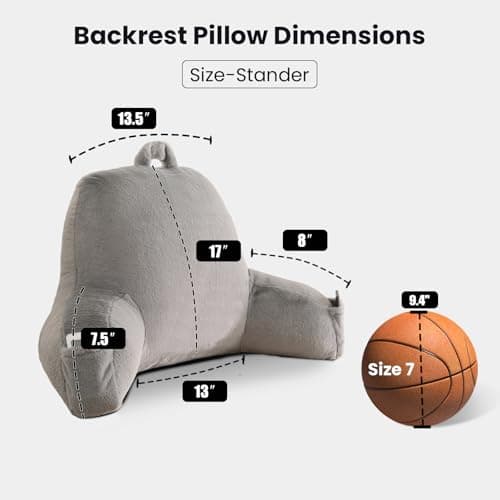 PAJEO Back Pillow for Bed Sitting Up,Large Backrest Reading Pillow with Arm Rest,Back Rest Support Cushion for Sitting Up on Couch,Sofa,Floor,Dorm Essentials (Grey Faux Fur,Standard(17")) - Thumbnail 3