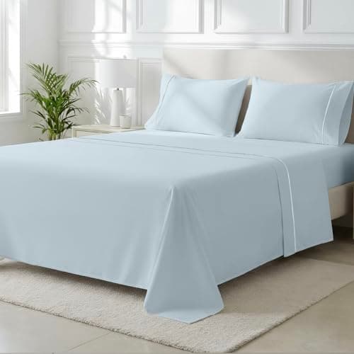 THREAD SPREAD 100% Egyptian Cotton Queen Sheet Set - 2000 Series Luxury Sheets Queen Size Bed Set (4 PC, Light Blue), Silky Soft & Cooling Sateen, 17 Inch Extra Deep Pocket Hotel Collection Sheet - Image 1