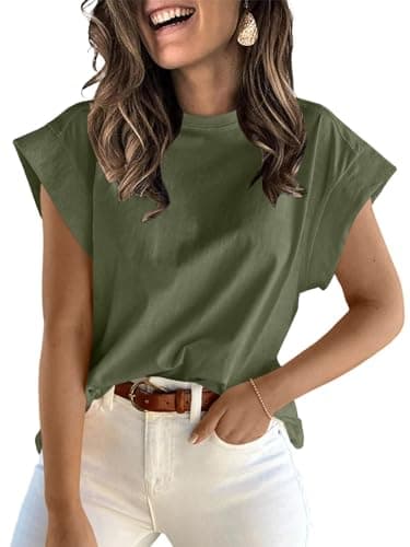 ZDC Women's Cap Sleeve T Shirts 2025 Basic Summer Tank Tops Crew Neck Loose Fit Solid Tee Army Green - Image 1
