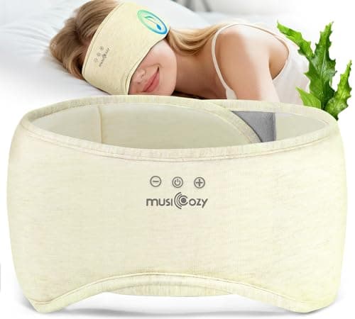 MUSICOZY Bluetooth 5.4 Sleep Headphones Eye Mask with Seaweed Fiber Cotton, Ultra Soft Fully Wrapped Sleep Mask with Headphones for Side Sleepers, 14 Hours Playtime, Gifts for Men Women, Beige - Image 1