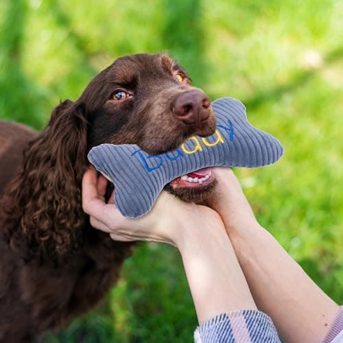 2026 Squeaky Dog Toys, Embroidered Bone Shape Blue Corduroy Pet Pillow 8"x5" with Black "Buddy" Text Cute Soft Cotton Filled Dog Chew Puzzle Toy Birthday Holiday Fun Gifts for Small Medium Large Dogs - Thumbnail 6