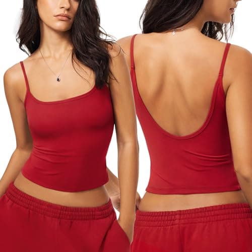 SuperArugoo Women’s Open Back Crop Tank Top Spaghetti Strap Square Neck Cami Y2K Going Out Summer Tops Red