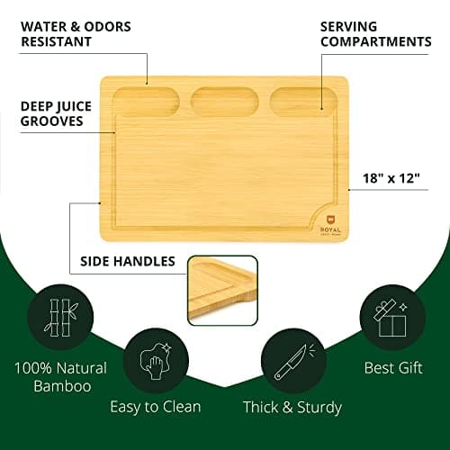 ROYAL CRAFT WOOD Bamboo Cutting Board with Juice Groove - Kitchen Chopping Board for Meat Cheese and Vegetables, Heavy Duty Serving Tray - Thumbnail 2