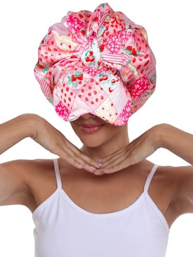 Vettres Double Layer Satin Bonnet with Eye Mask Adjustable Silk Sleep Cap Turban Style Hair Wrap for Curly Hair Pink Strawberry - Thumbnail 4