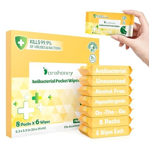 Dorahoney Travel Antibacterial Hand Wipes, 99% Water Hand Sanitizer Wipes, Safe for Sensitive Skin & Hypoallergenic Hand Sanitizing Pocket Wipes, 48 Count (8 Packs of 6) - Image 1