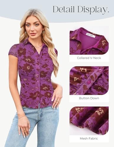 GRACE KARIN Women Mesh Boho Tops Dressy Casual Floral Short Sleeve Button Down Blouse Collared Outfit Purple Floral XL - Thumbnail 4