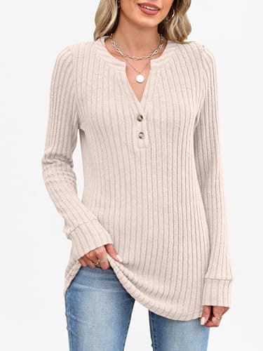ANRABESS Womens Long Sleeve Henley Shirts 2026 Fall Tunic Tops Ribbed Knit Lightweight Sweaters Dressy Casual Blouse Outfits Light Khaki X-Large - Thumbnail 2