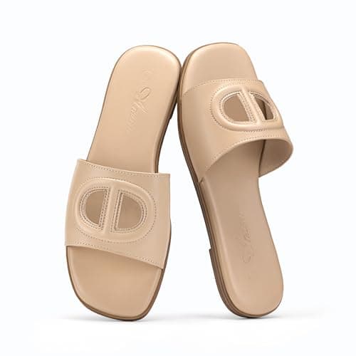 Athlefit Flat Sandals for Women Nude Square Open Toe Comfortable Slip On Beach Summer Slide Sandals Size 6 - Thumbnail 6