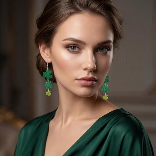 St Patricks Day Shirt Women - Green Shamrock Earrings for Women - St Patricks Day Accessories Outfit | Clover Horseshoe Drop Earrings for Irish Festival Gift - Thumbnail 5