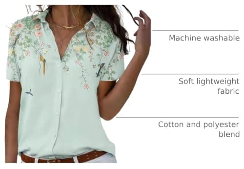 Chicwave Women's Short Sleeve Button Down Shirt, Collared V Neck Floral Print Blouse, Lightweight Casual Work Top for Travel, Vacation, Daily Wear, Light Green - Thumbnail 4