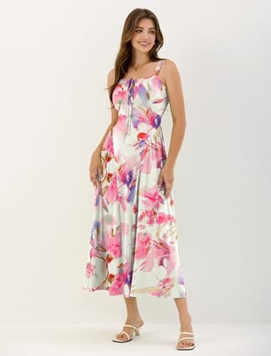 ZAFUL Women Summer Dress Square Neck Floral Midi Dress Corset Flowy A Line Wedding Guest Dresses with Pockets Pink Floral S - Thumbnail 2