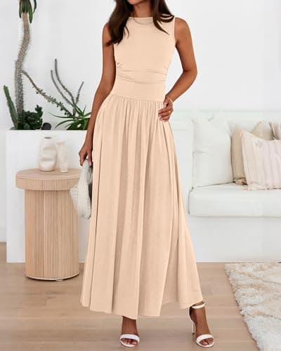 BTFBM Summer Maxi Dresses for Women 2026 Spring Sleeveless Casual Ruched High Waisted Long Sundress Flowy Beach Dress(Beige, XX-Large) - Thumbnail 5