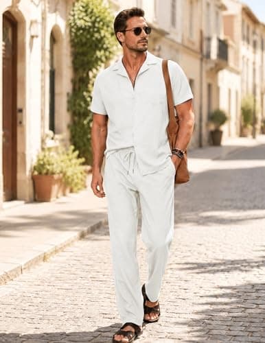 JMIERR Men Texture 2 Piece Outfit Short Sleeve Lightweight Beach Button Down Shirt Casual Pant Sets with Pocket - Thumbnail 2