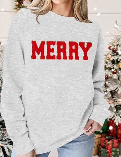 LETSEE Christmas Sweatshirts for Women 2025 Cute Merry Sequin Graphic Oversized Fleece Holiday Pullover Tops Xmas Gifts, Grey, Medium - Thumbnail 3