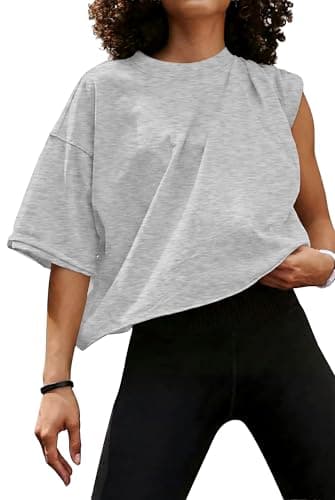 JINKESI Women's Loose Workout Crop Tops Casual Short Sleeve Drop Shoulder T-Shirts Basic Loose Yoga Running Tees Gray White-M - Image 1